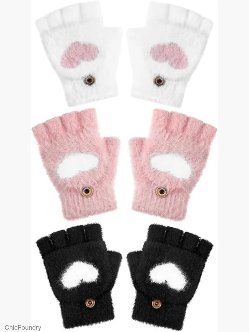 3 Pairs Kids Fingerless Gloves Winter Warm Convertible Flip Top Half Mitten